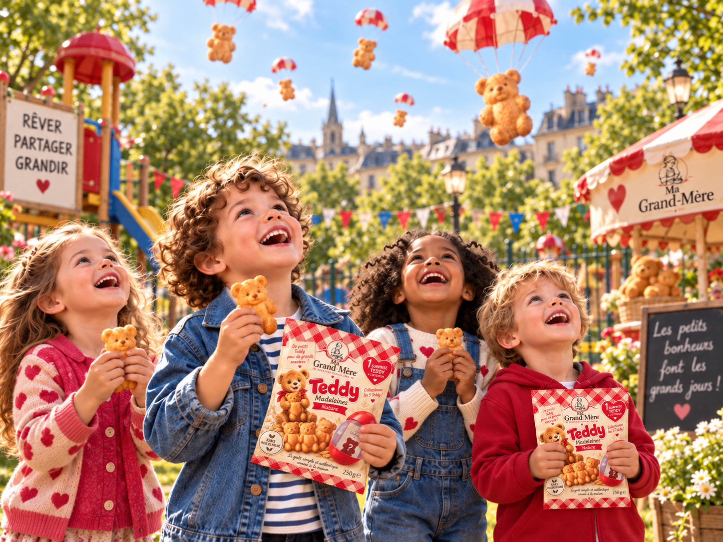 Charrette Ma Grand-Mère et enfants dégustant des madeleines Teddy