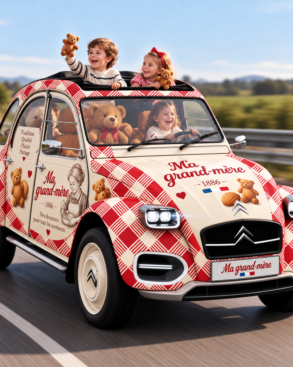 Charrette Ma Grand-Mère et enfants dégustant des madeleines Teddy