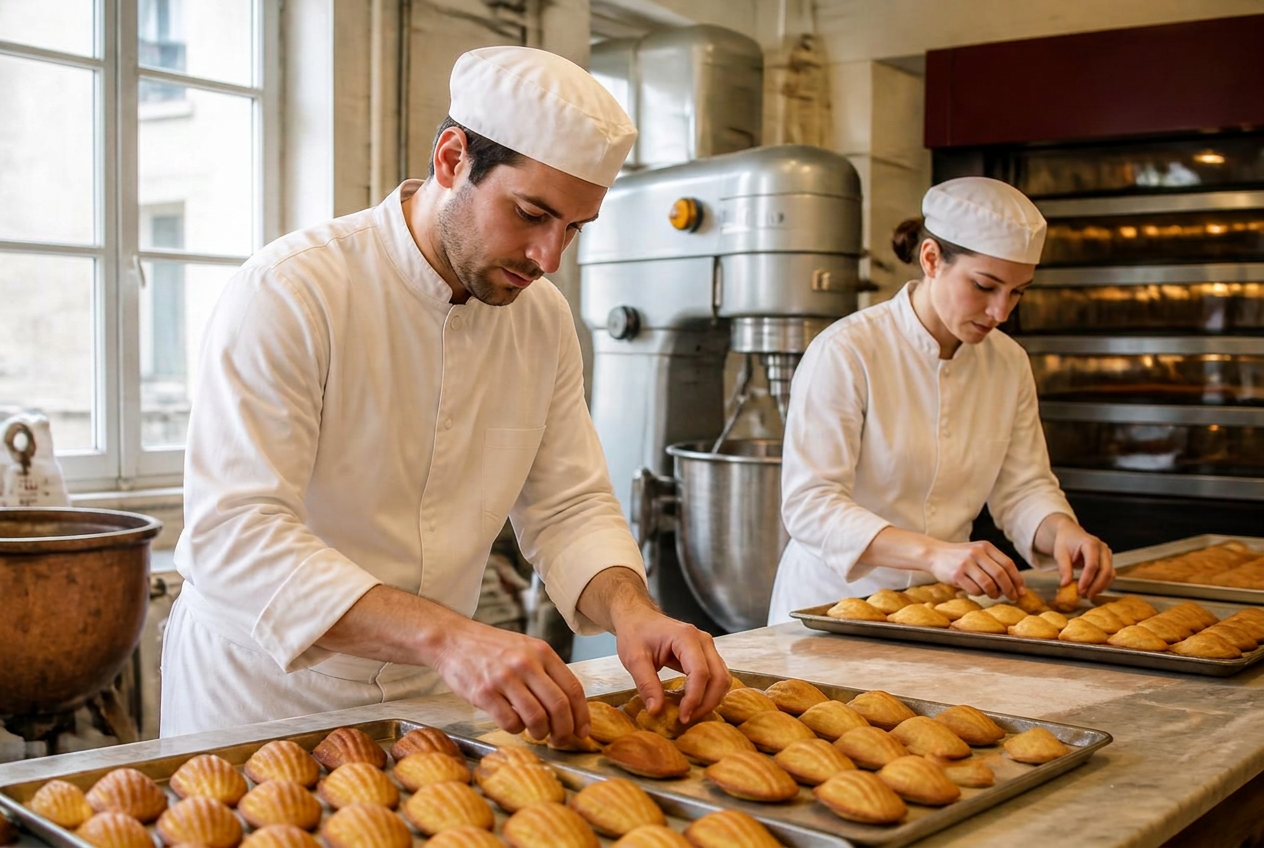 Équipe de l'atelier Ma Grand-Mère dressant des plaques de madeleines
